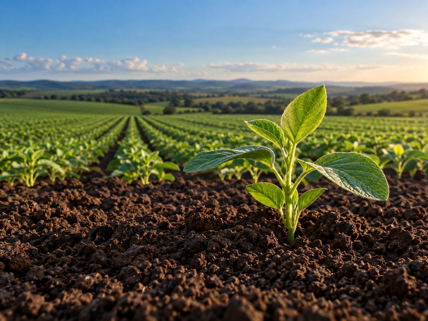 Área de cultivo em solo escuro com muda em primeiro plano