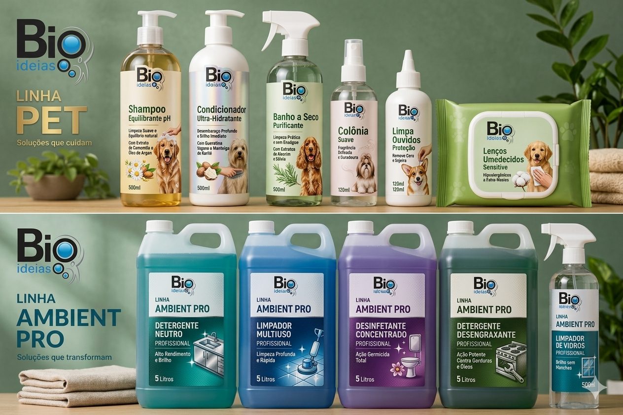 Linhas de produtos Bioideias organizadas sobre bancada de madeira clara