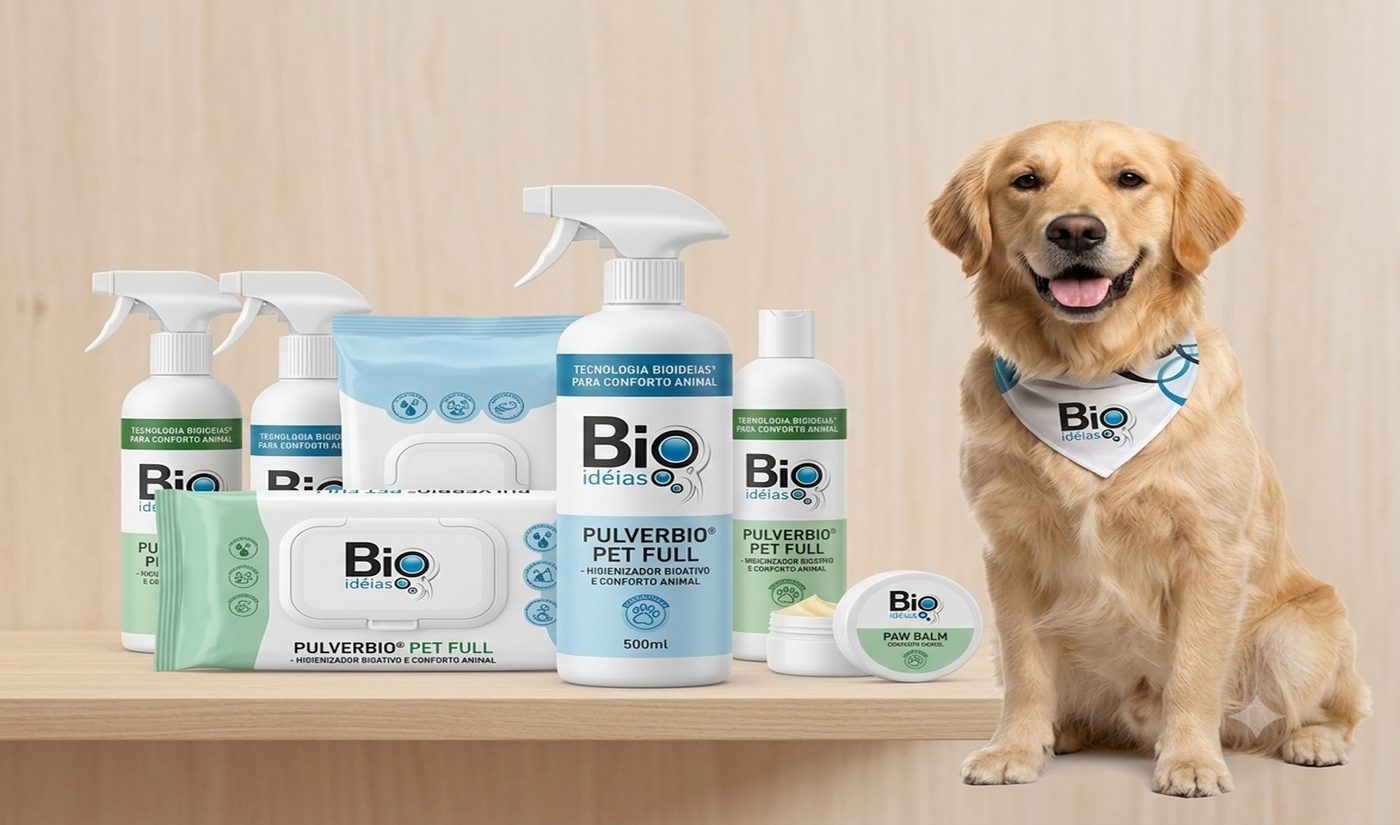 Cachorro golden retriever ao lado de uma linha de produtos de higiene e conforto animal Bioideias